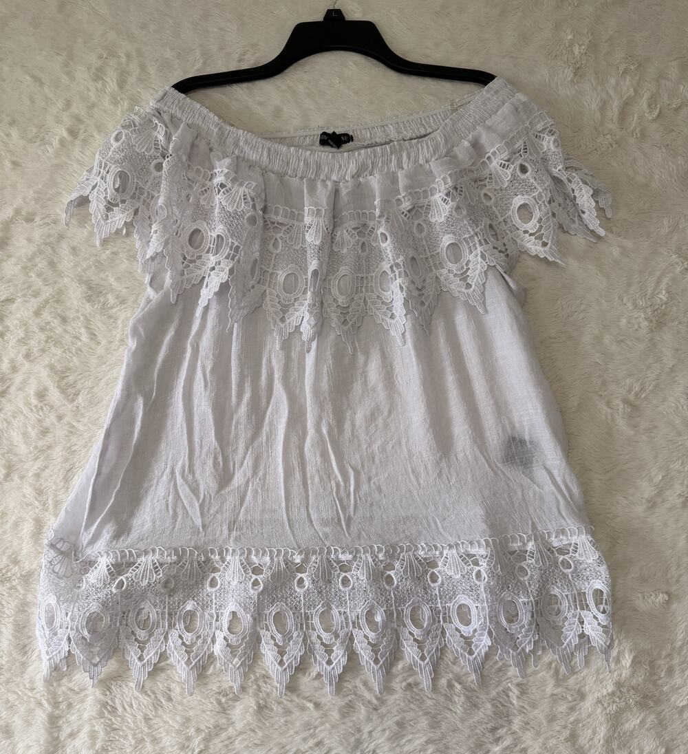 Audrey Lane White Off The Shoulder Top Womens 2X Crochet Lace Trim Bohemian